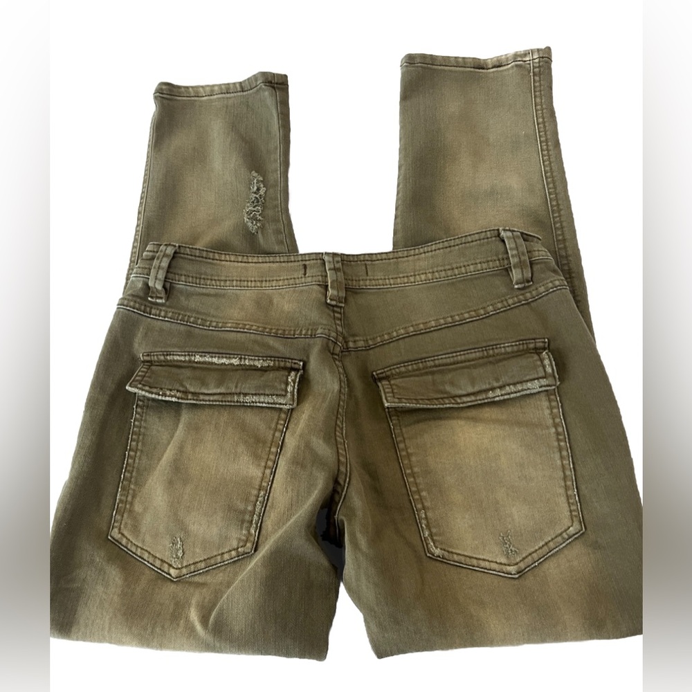 FREE PEOPLE Green Distressed Faded Straight Leg Jeans Exposed Buttons Sz 0 32x28 - Picture 5 of 8